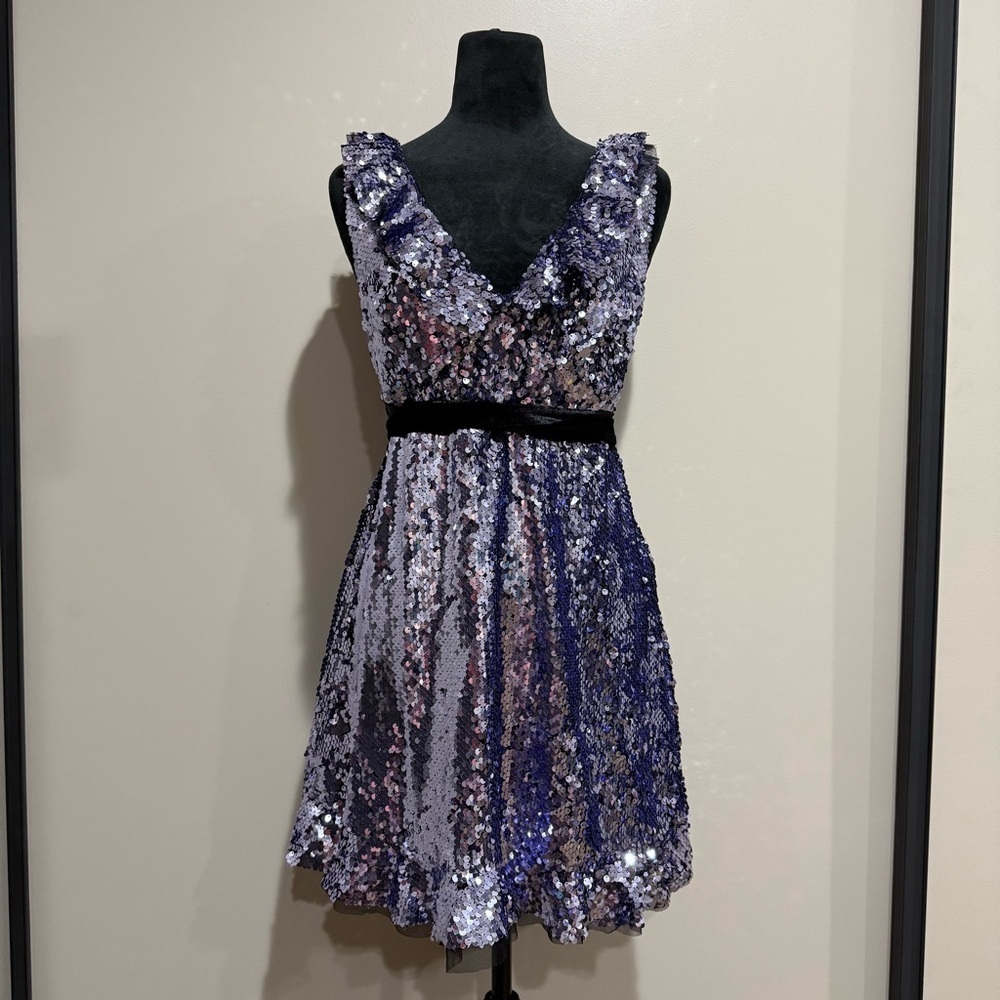 Free People Siren Sequin Ruffle Mini Dress Purple Silver